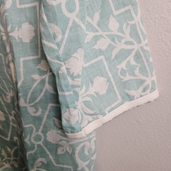 Charter Club Linen Top Womens L Aqua Blue White Floral Tunic Boho Coastal Beachy - Picture 5 of 9